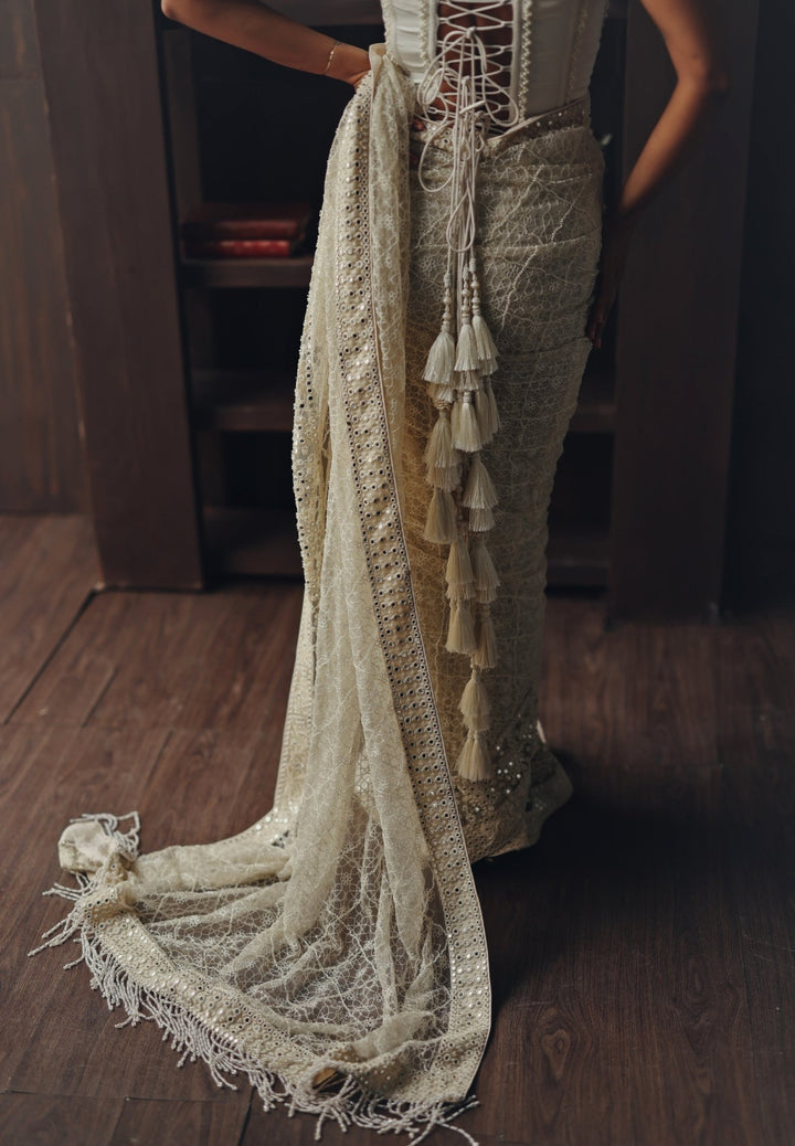 Ivory Embroidered Soft Net Saree With Corset Twenty Nine - Fabilicious Fashion