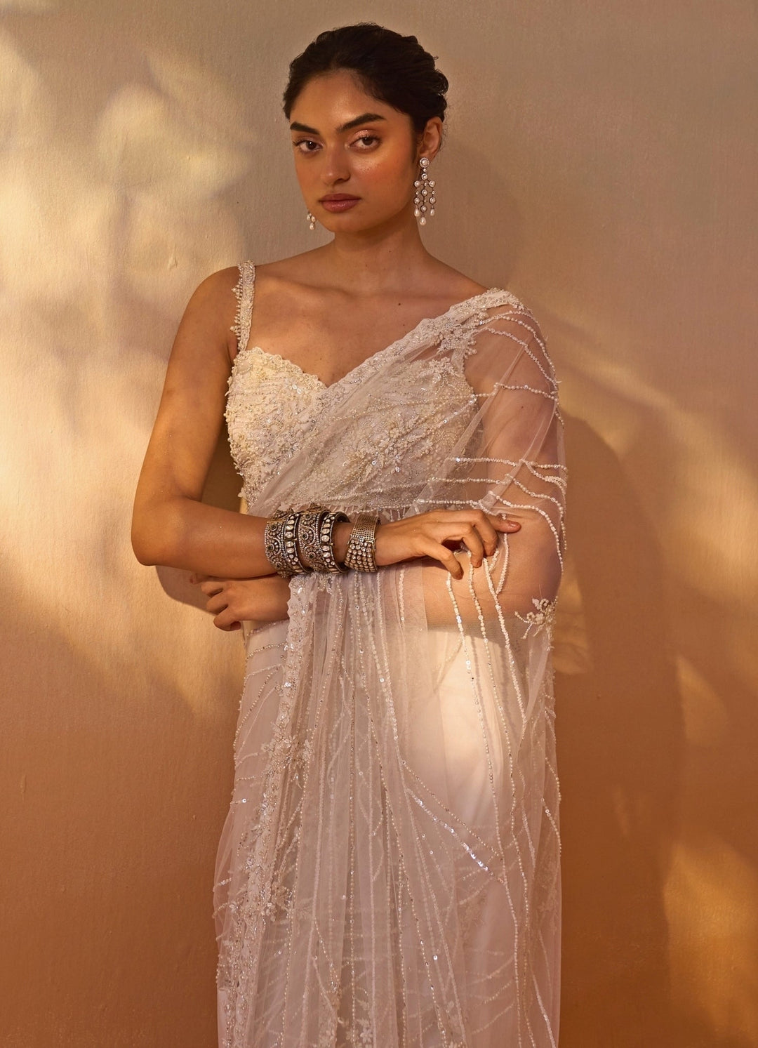 Nitika Gujral Ivory Embroidered Soft Net SareeFabilicious Fashion
