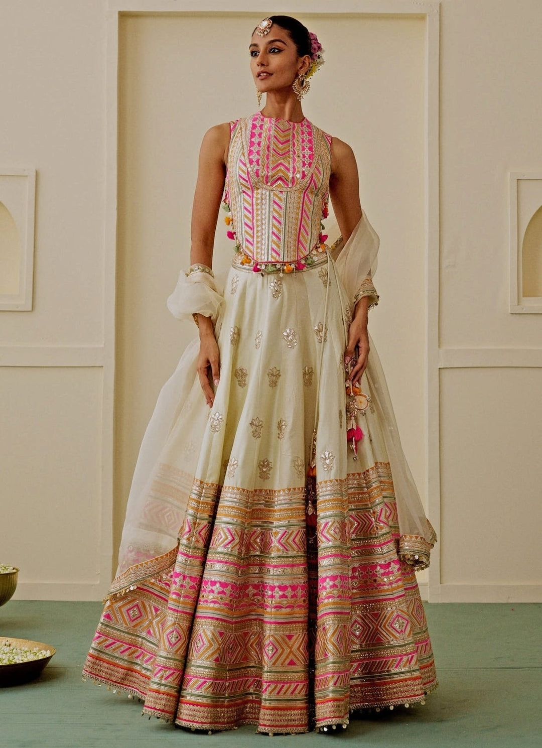Gopi Vaid Ivory Embroidered Tussar Lehenga SetFabilicious Fashion
