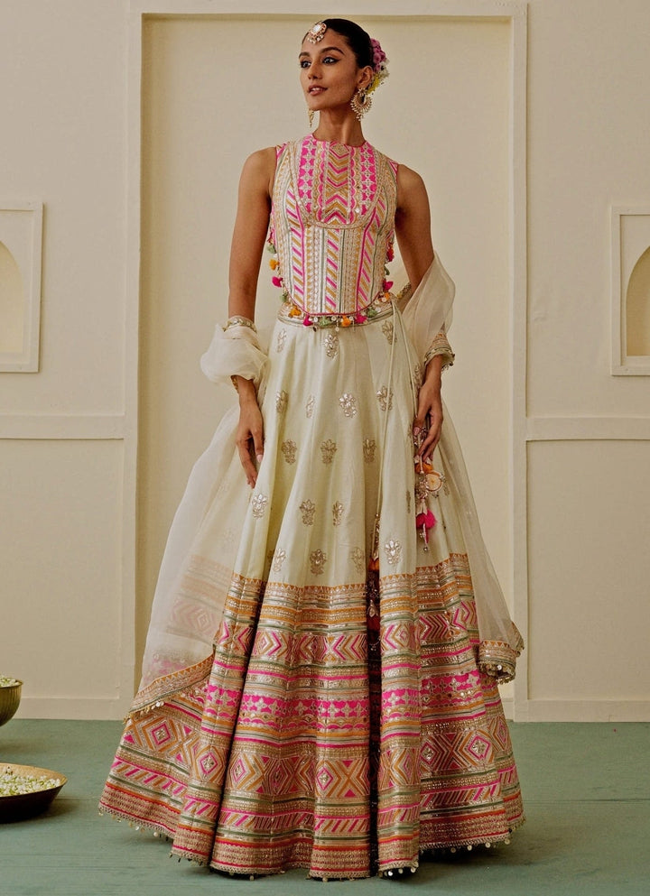 Gopi Vaid Ivory Embroidered Tussar Lehenga SetFabilicious Fashion