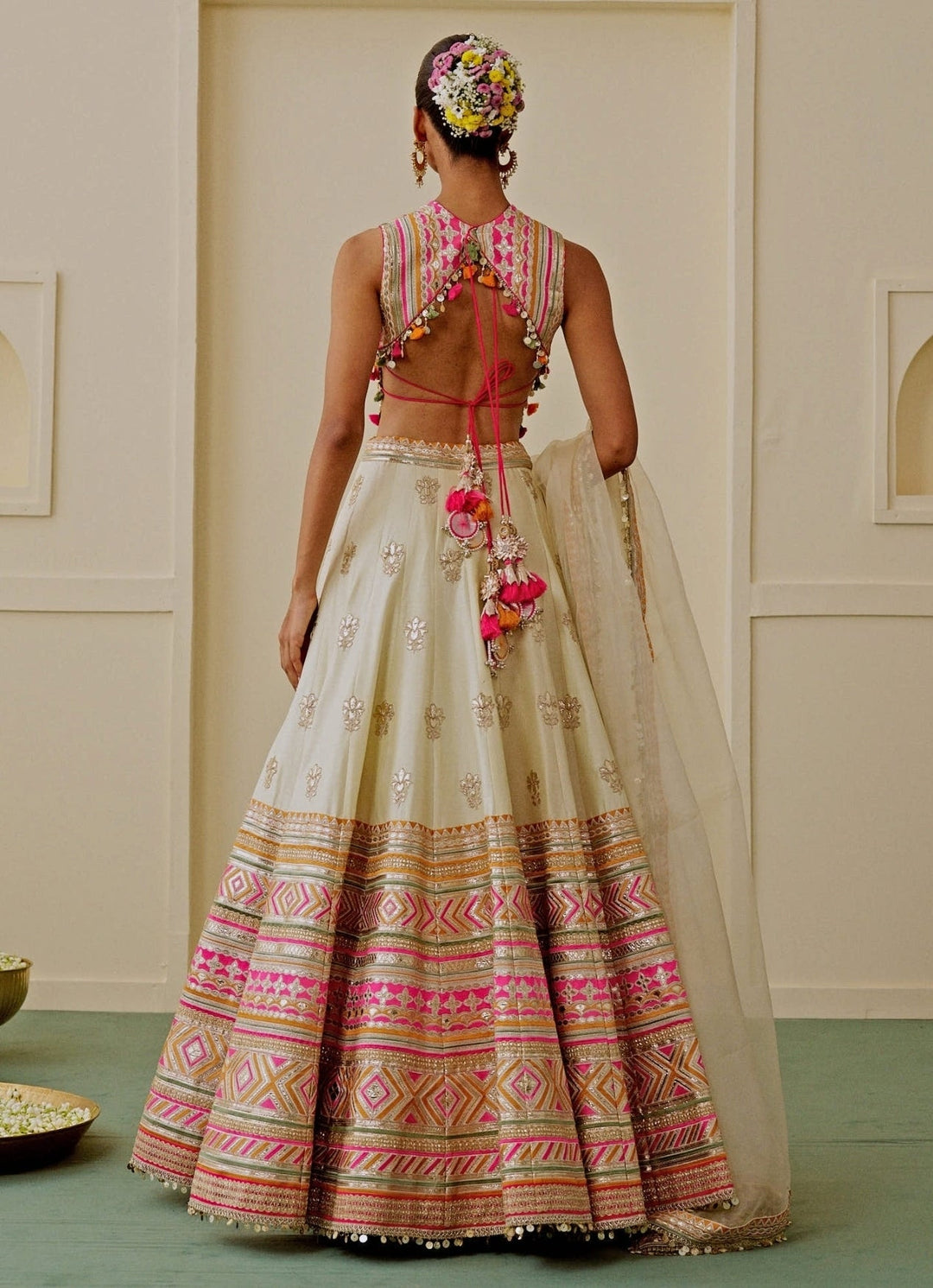 Gopi Vaid Ivory Embroidered Tussar Lehenga SetFabilicious Fashion