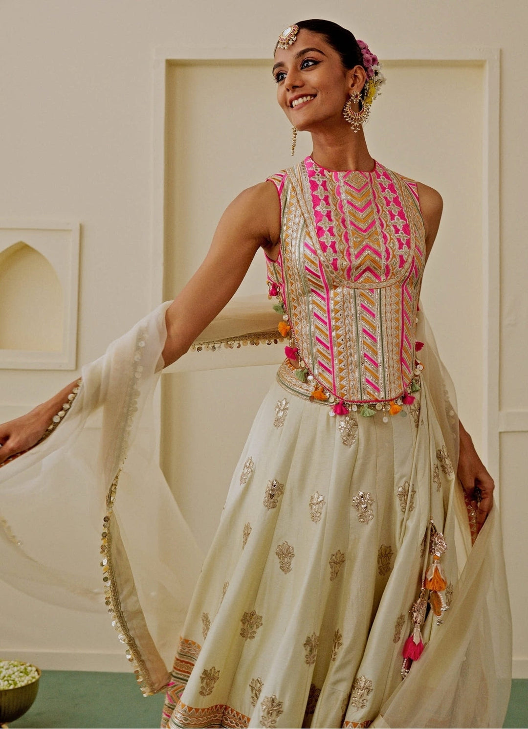 Gopi Vaid Ivory Embroidered Tussar Lehenga SetFabilicious Fashion