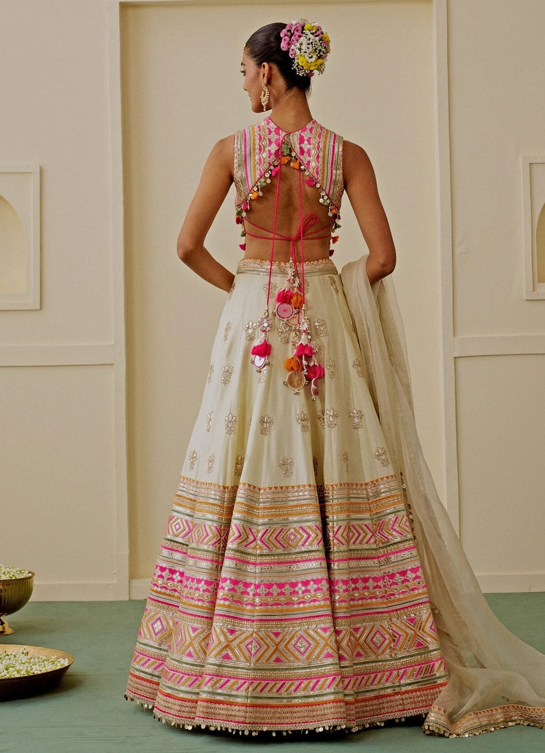 Gopi Vaid Ivory Embroidered Tussar Lehenga SetFabilicious Fashion