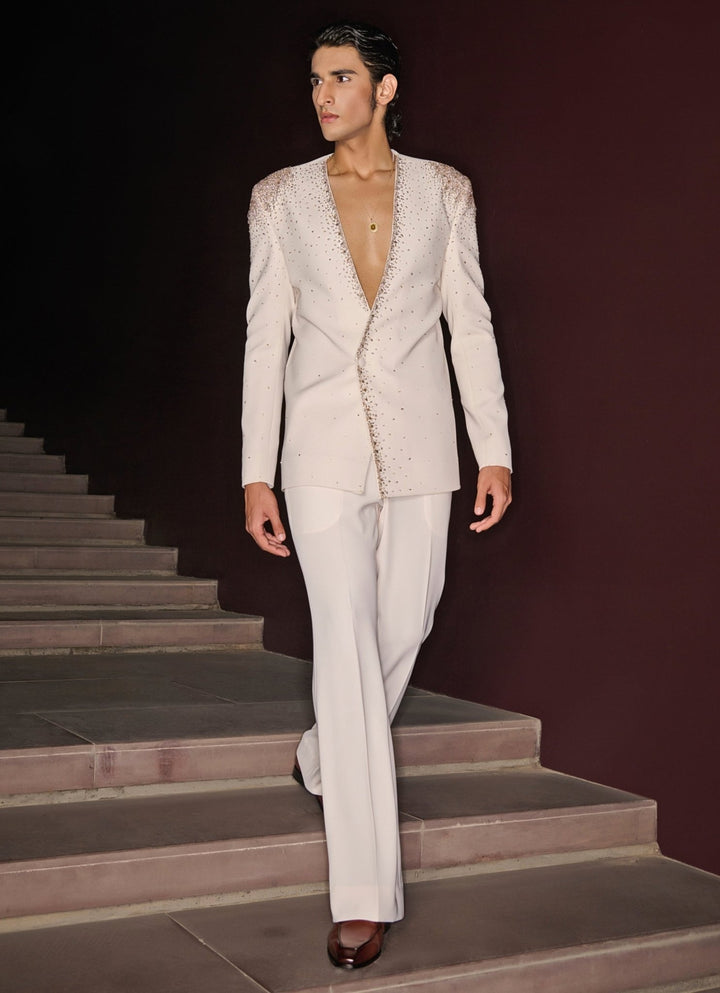 Ivory Embroidered Tuxedo Set Contrast By Parth - Fabilicious Fashion
