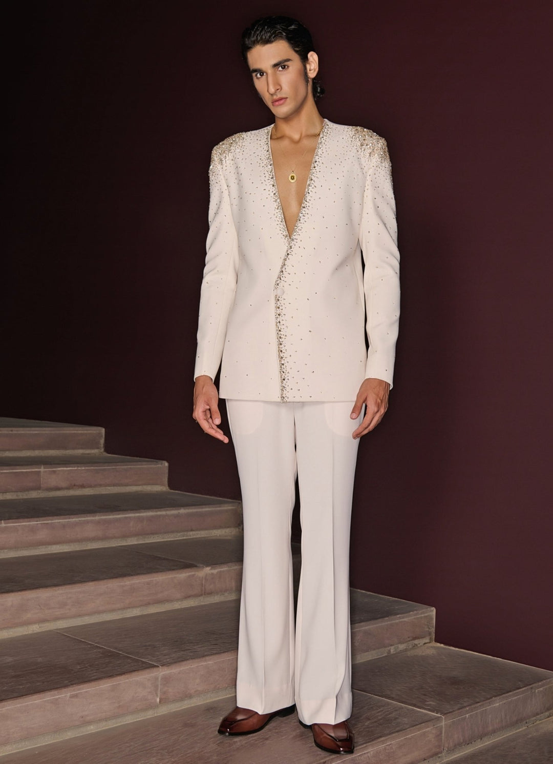 Ivory Embroidered Tuxedo Set Contrast By Parth - Fabilicious Fashion