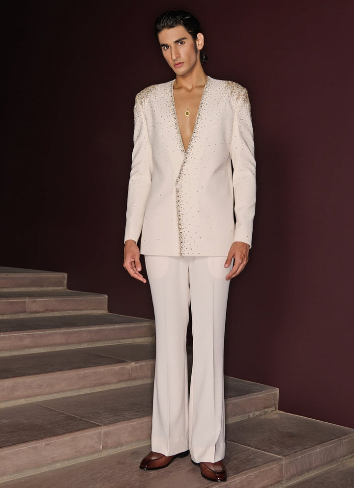 Ivory Embroidered Tuxedo Set Contrast By Parth - Fabilicious Fashion