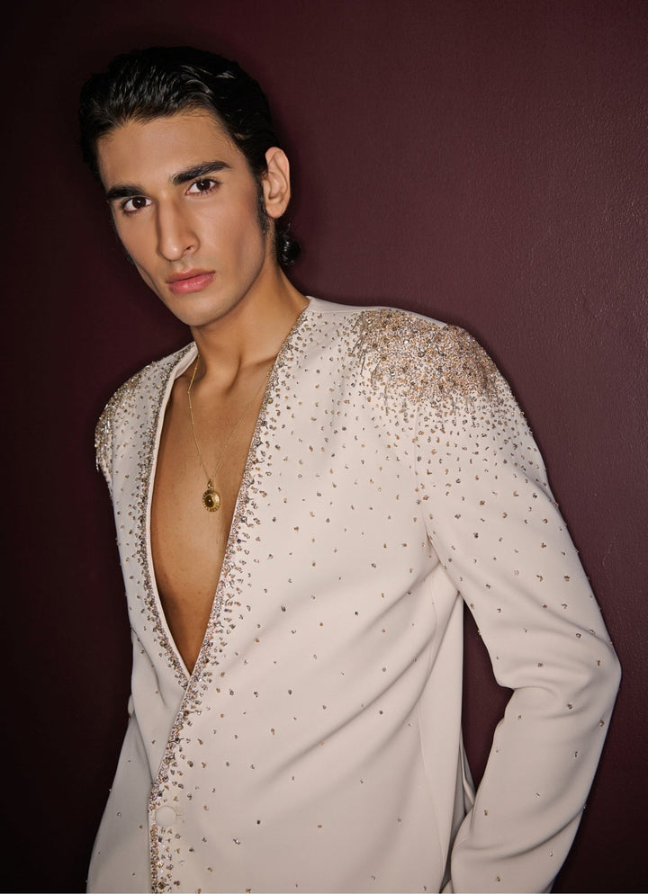 Ivory Embroidered Tuxedo Set Contrast By Parth - Fabilicious Fashion