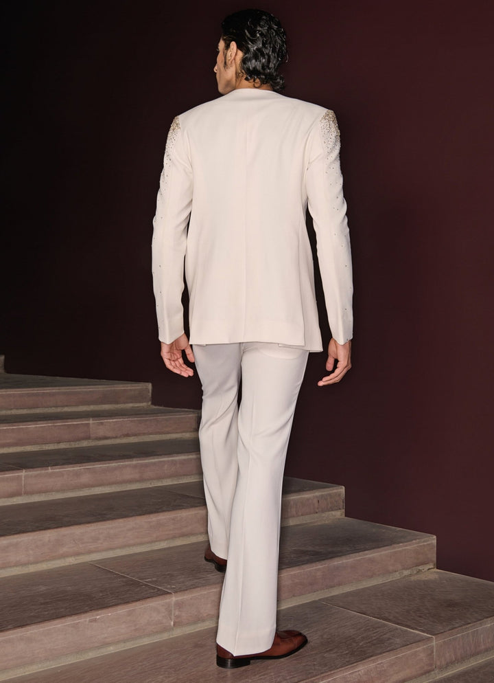 Ivory Embroidered Tuxedo Set Contrast By Parth - Fabilicious Fashion