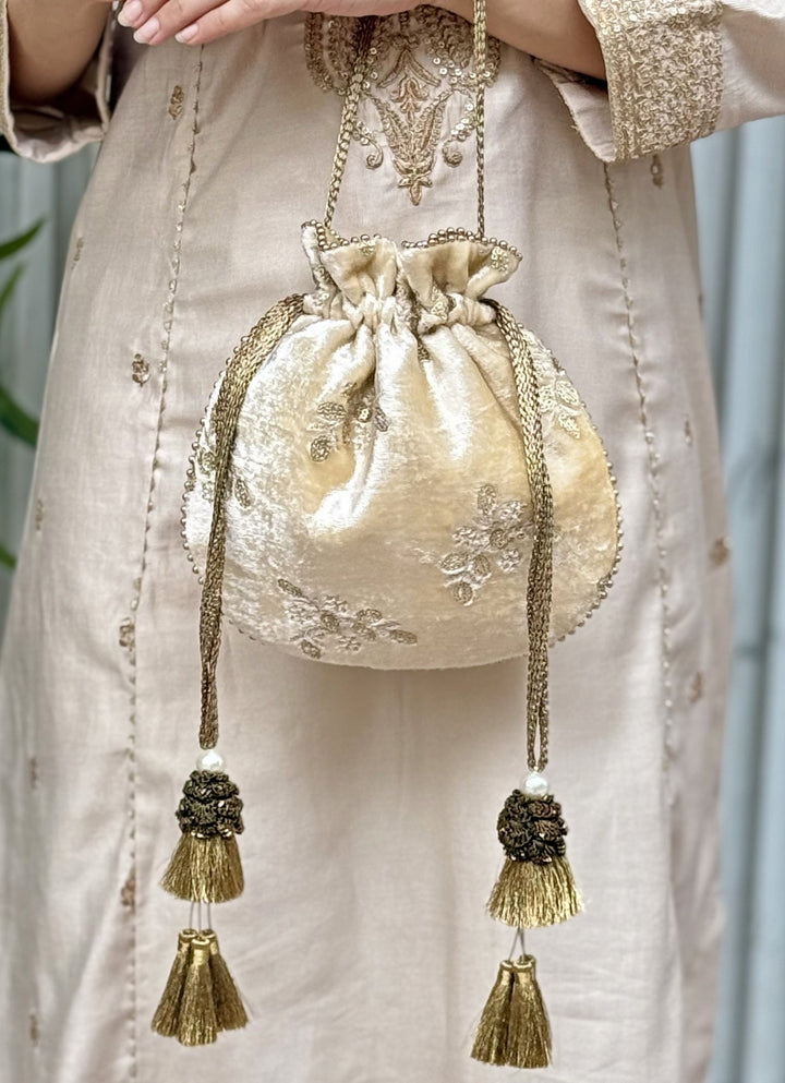 Amyra Ivory Embroidered Velvet PotliFabilicious Fashion