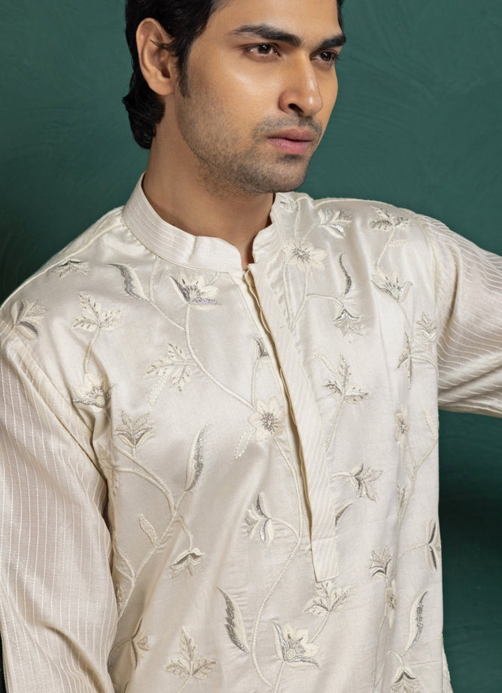 Ivory Floral Chanderi Embroidered Kurta Pant Set Smriti - Fabilicious Fashion