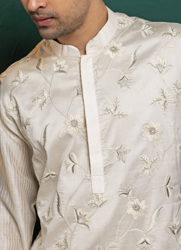 Ivory Floral Chanderi Embroidered Kurta Pant Set Smriti - Fabilicious Fashion