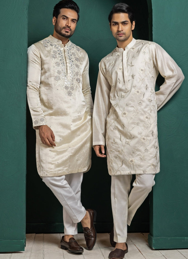 Ivory Floral Chanderi Embroidered Kurta Pant Set Smriti - Fabilicious Fashion