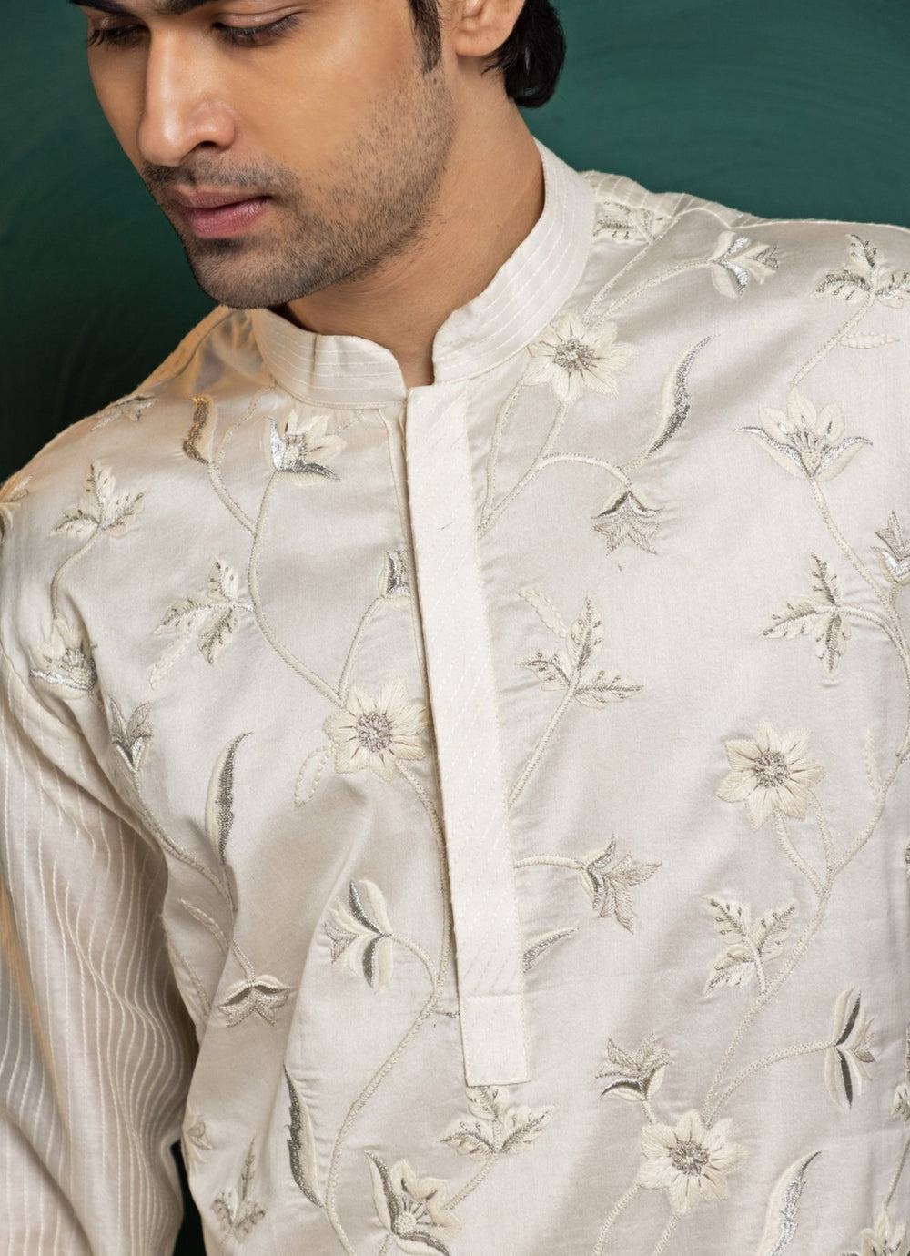 Ivory Floral Chanderi Embroidered Kurta Pant Set Smriti - Fabilicious Fashion