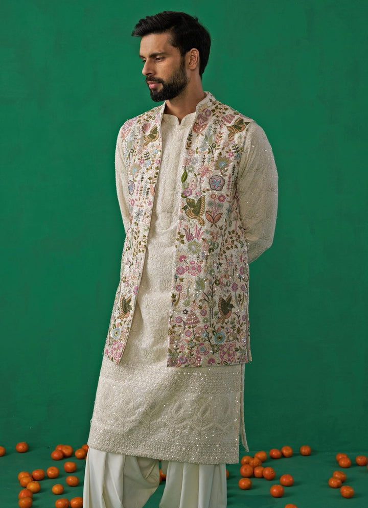 Ivory Floral Embroidered Georgette Kurta Jacket Set Kalpraag - Fabilicious Fashion