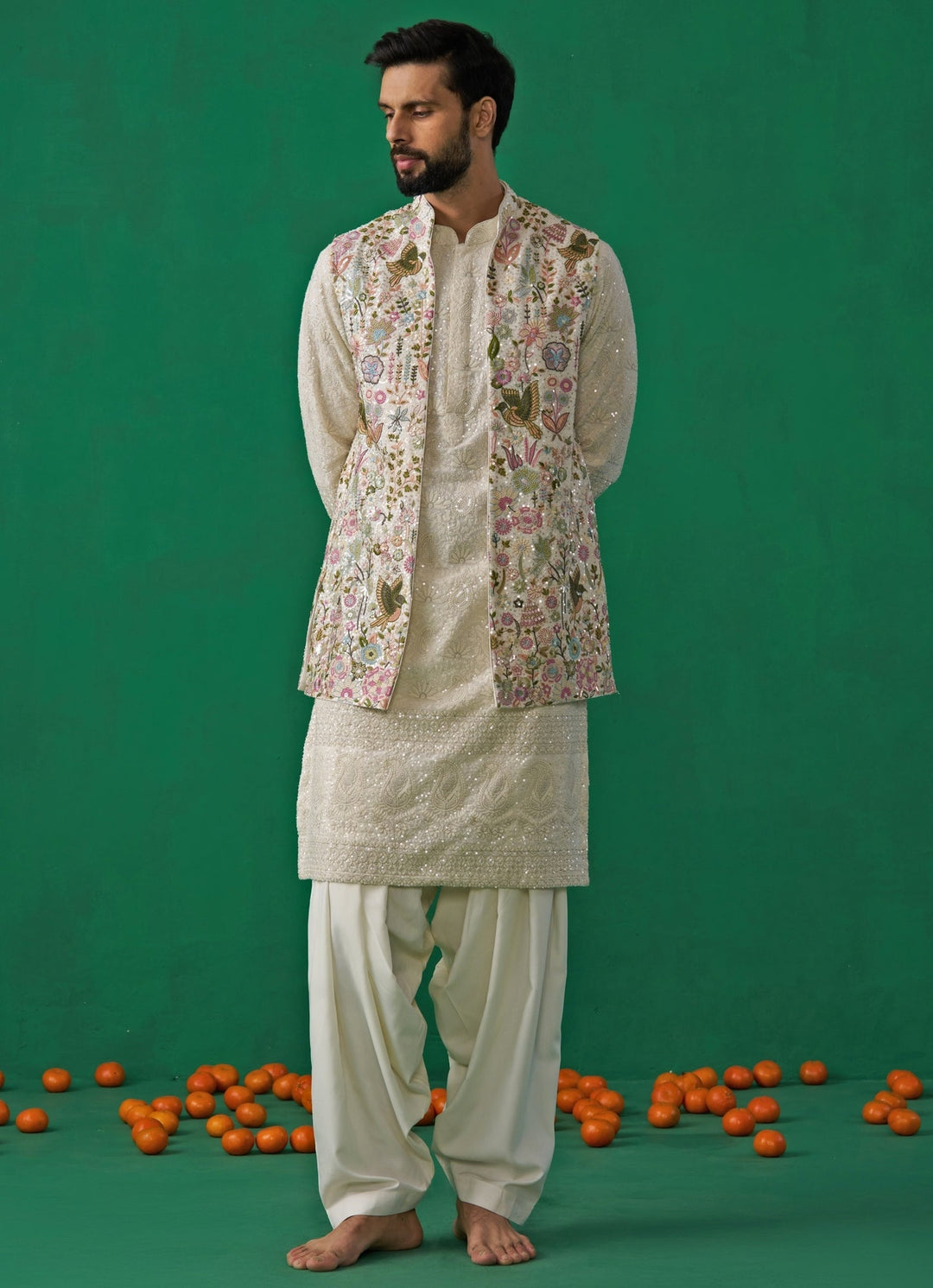 Ivory Floral Embroidered Georgette Kurta Jacket Set Kalpraag - Fabilicious Fashion