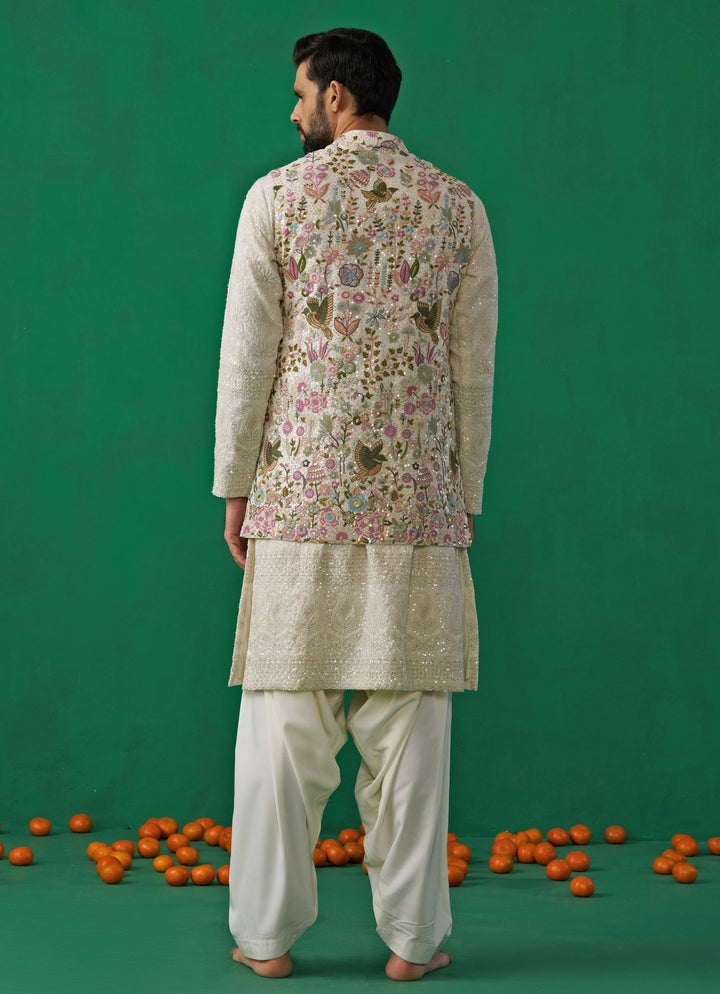 Ivory Floral Embroidered Georgette Kurta Jacket Set Kalpraag - Fabilicious Fashion
