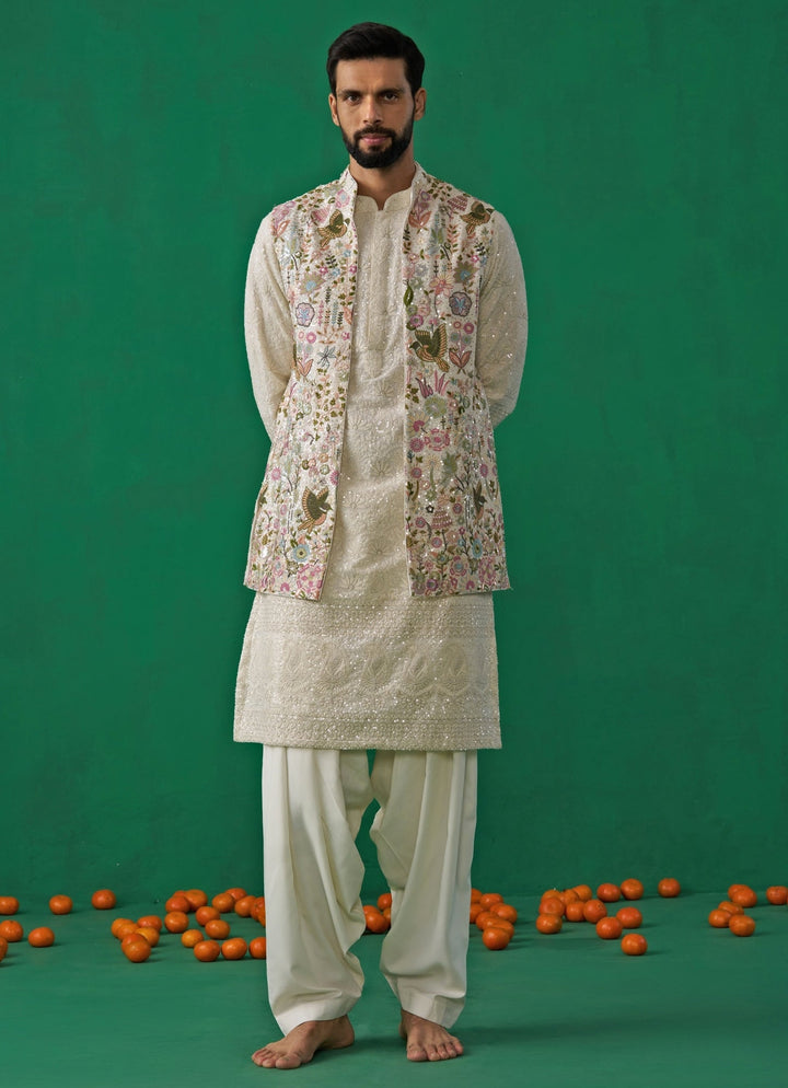 Ivory Floral Embroidered Georgette Kurta Jacket Set Kalpraag - Fabilicious Fashion