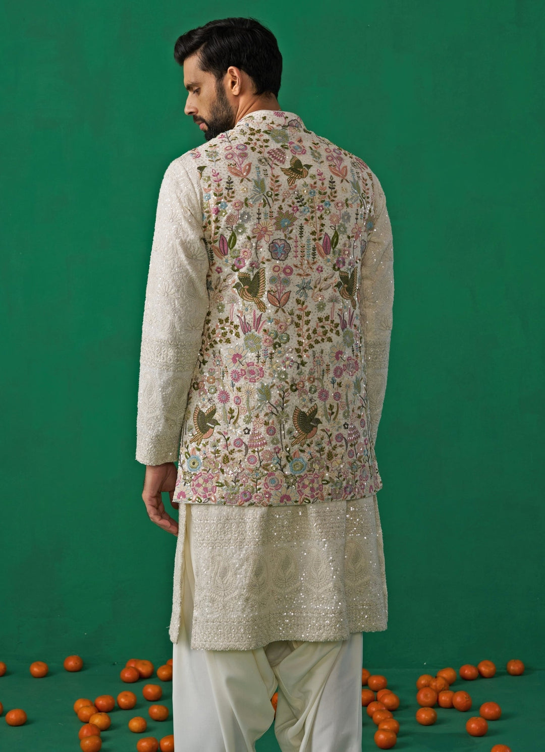 Ivory Floral Embroidered Georgette Kurta Jacket Set Kalpraag - Fabilicious Fashion