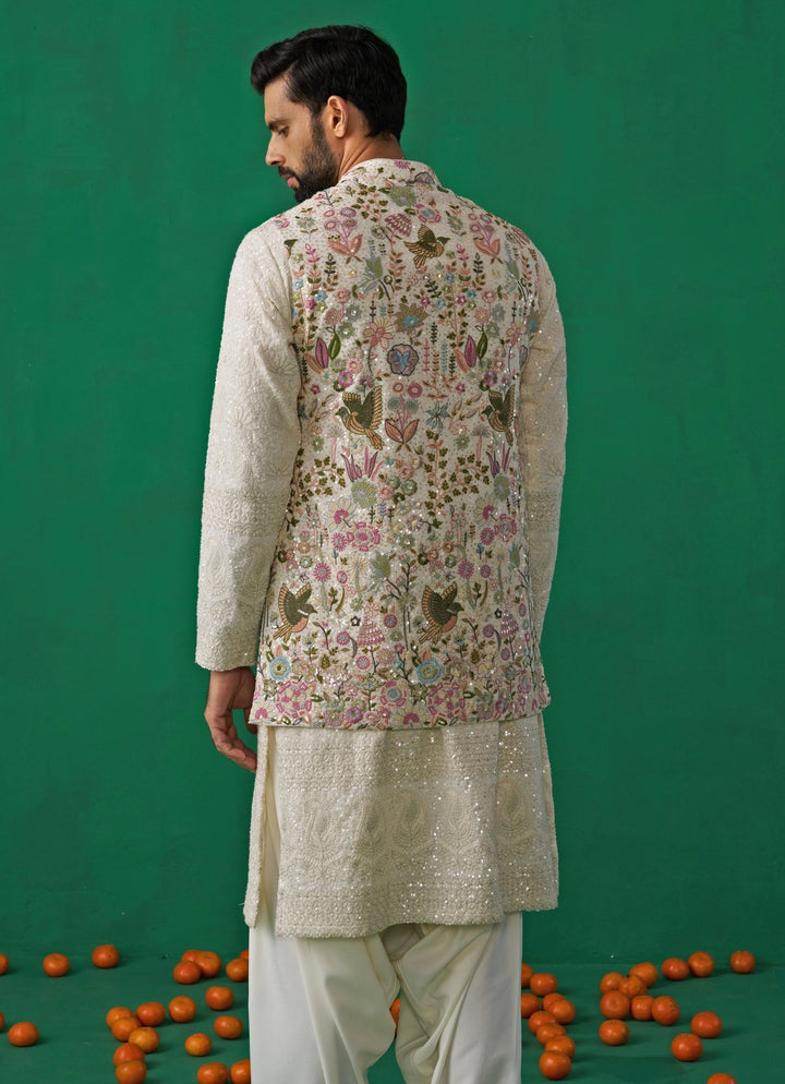 Ivory Floral Embroidered Georgette Kurta Jacket Set Kalpraag - Fabilicious Fashion