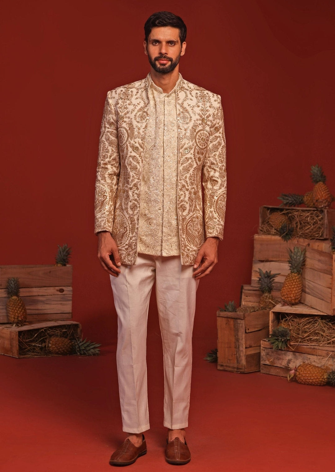 Ivory Floral Embroidered Jodhpuri Suit Set Kalpraag - Fabilicious Fashion