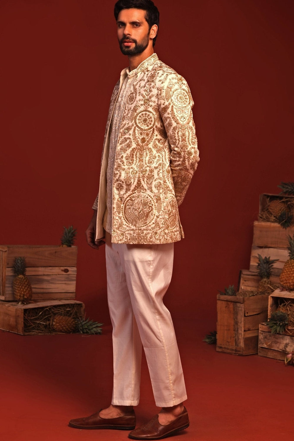 Ivory Floral Embroidered Jodhpuri Suit Set Kalpraag - Fabilicious Fashion