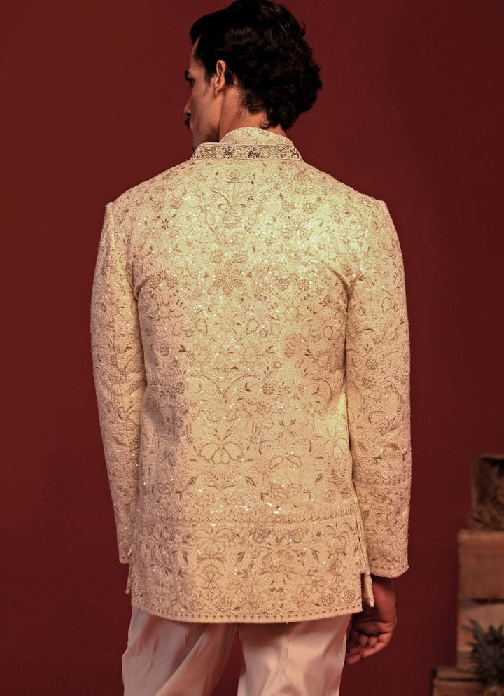 Ivory Floral Hand Embroidered Jodhpuri Suit Kalpraag - Fabilicious Fashion