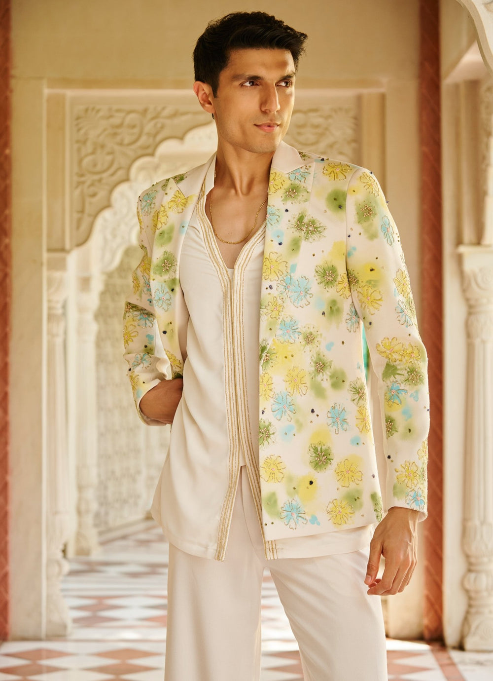 Ivory Floral Hand Painted Jacket Set Contrast By Parth - Fabilicious Fashion