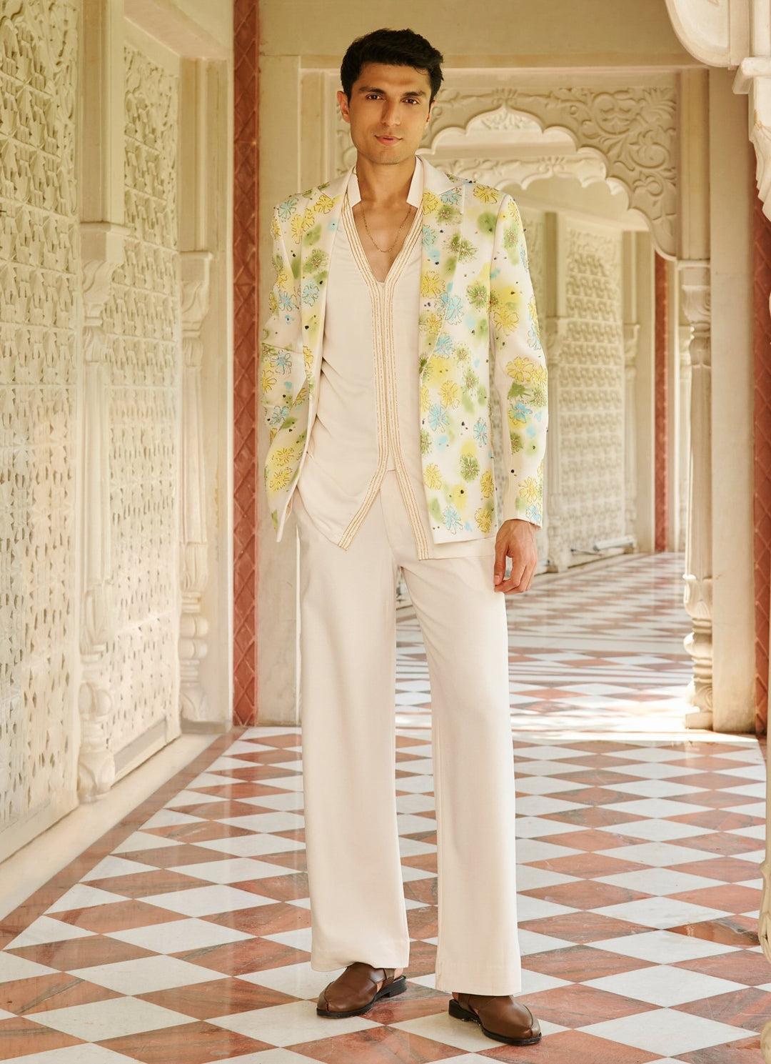 Ivory Floral Hand Painted Jacket Set Contrast By Parth - Fabilicious Fashion