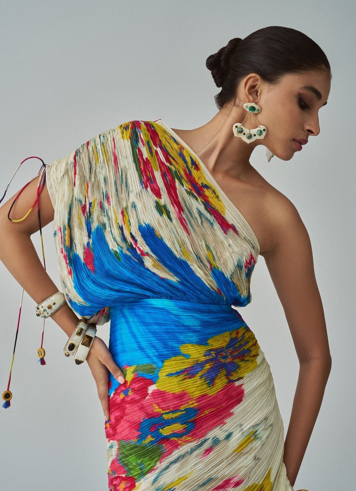 Ivory Floral Print Dress Saaksha & Kinni - Fabilicious Fashion