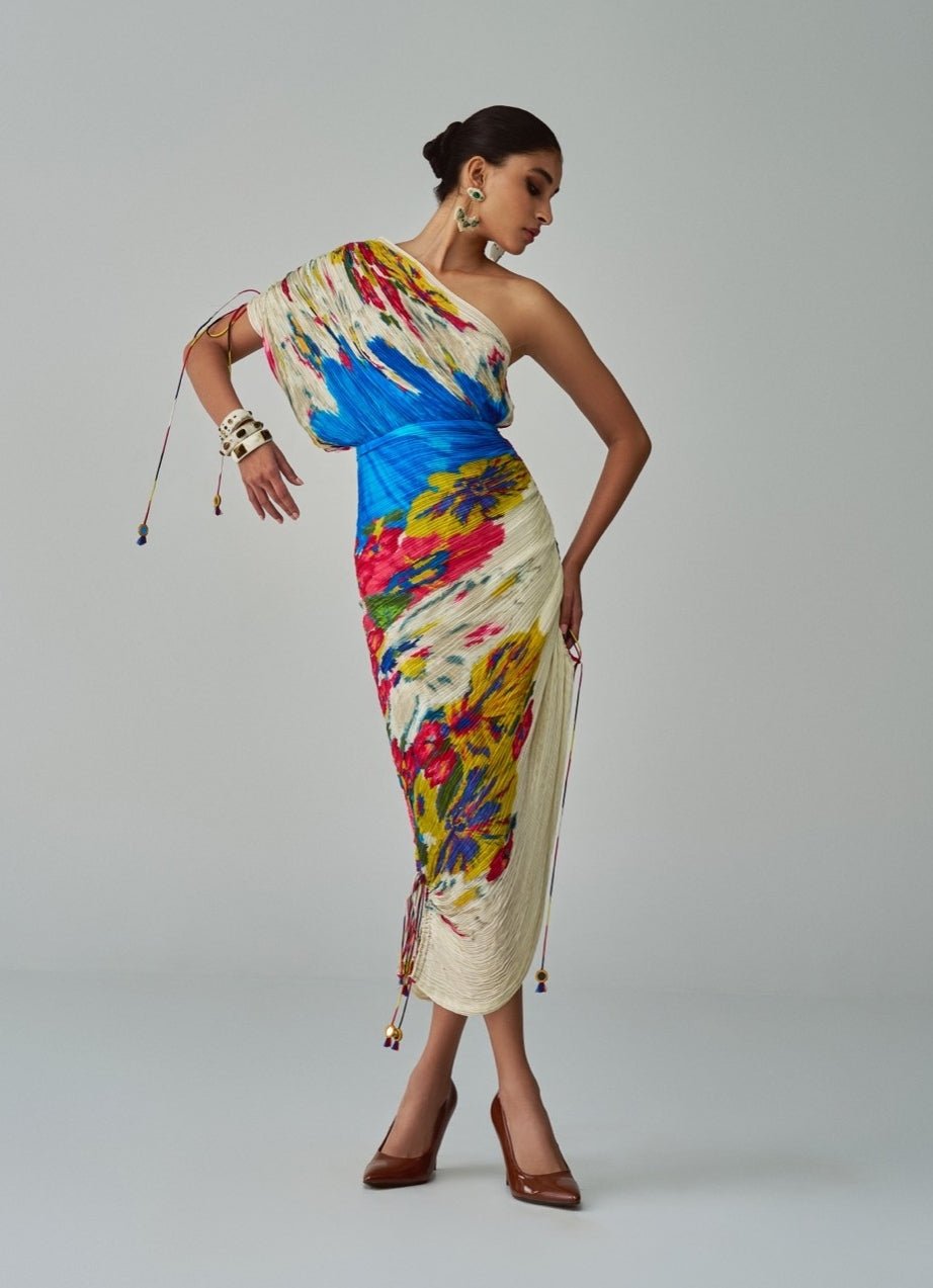 Ivory Floral Print Dress Saaksha & Kinni - Fabilicious Fashion