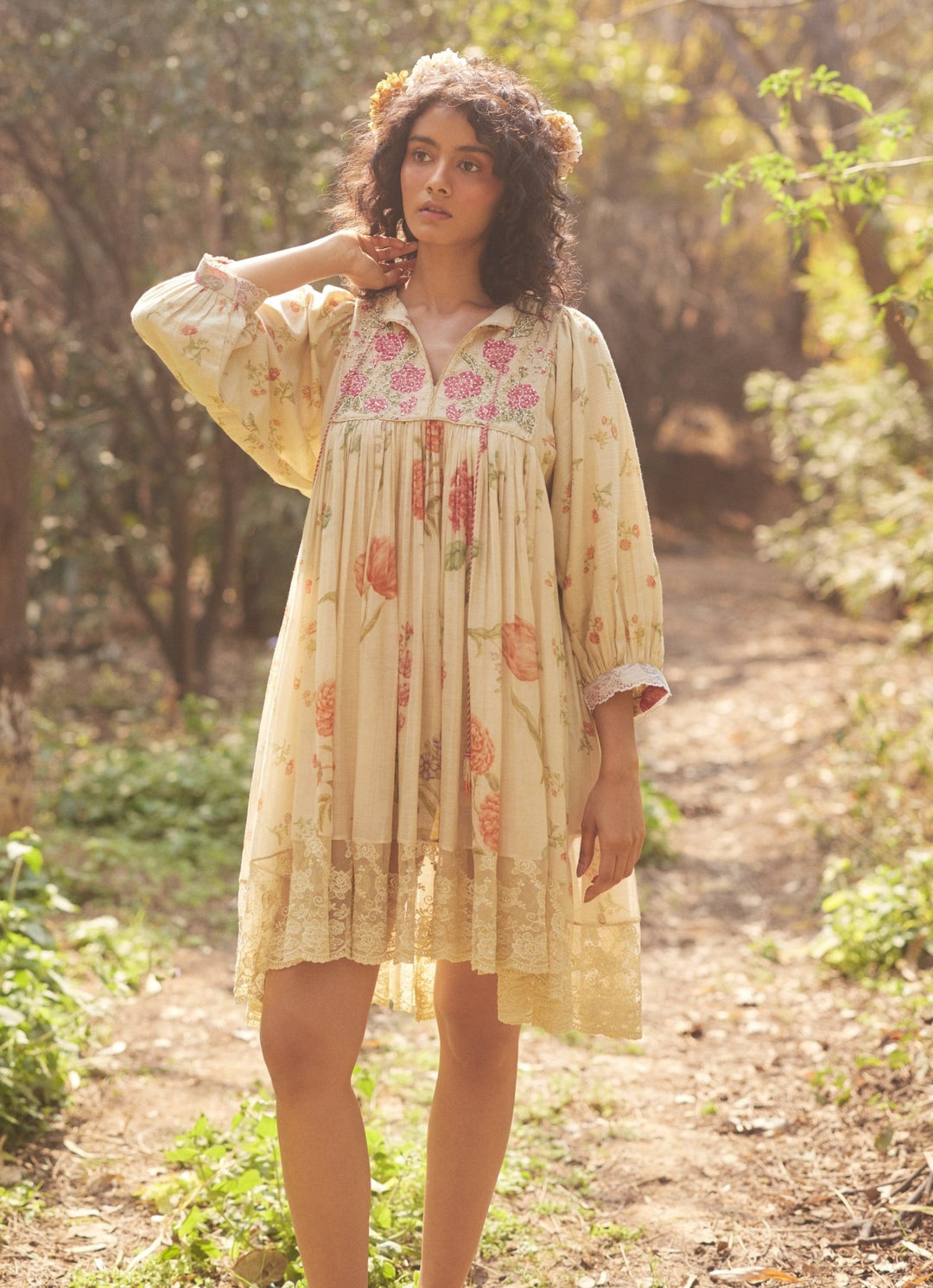 Ivory Floral Printed Chanderi Dress Paulmi and Harsh - Fabilicious Fashion