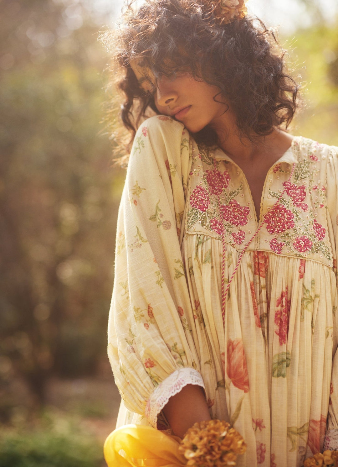 Ivory Floral Printed Chanderi Dress Paulmi and Harsh - Fabilicious Fashion