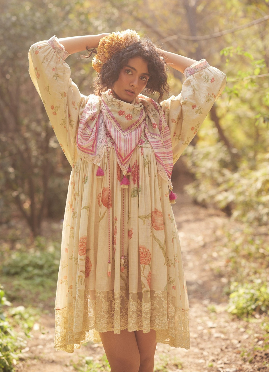 Ivory Floral Printed Chanderi Dress Paulmi and Harsh - Fabilicious Fashion