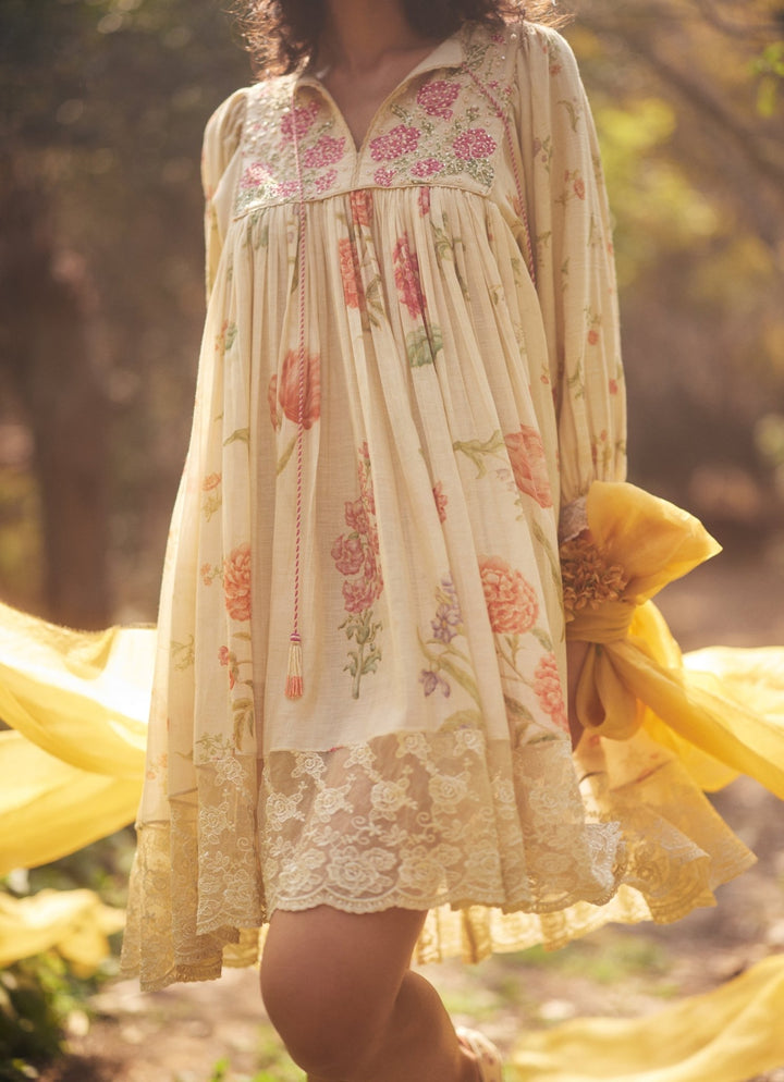 Ivory Floral Printed Chanderi Dress Paulmi and Harsh - Fabilicious Fashion