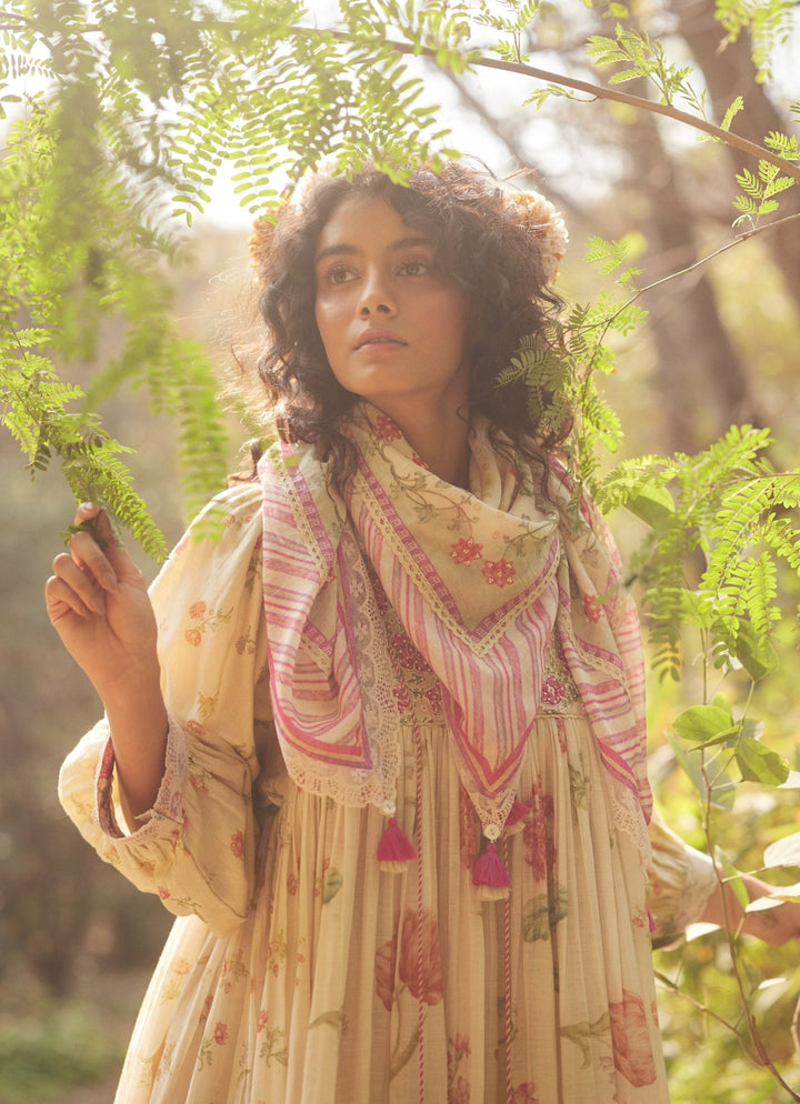 Ivory Floral Printed Chanderi Dress Paulmi and Harsh - Fabilicious Fashion