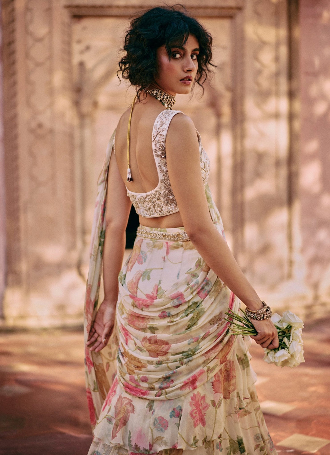 Ivory Floral Printed Chiffon Predraped Saree Paulmi and Harsh - Fabilicious Fashion