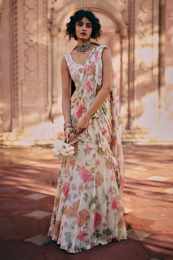 Ivory printed chiffon pre-draped saree by Paulmi and Harsh