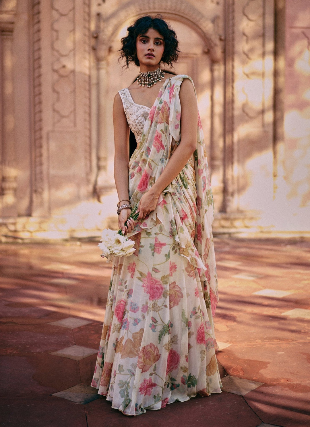 Ivory Floral Printed Chiffon Predraped Saree Paulmi and Harsh - Fabilicious Fashion