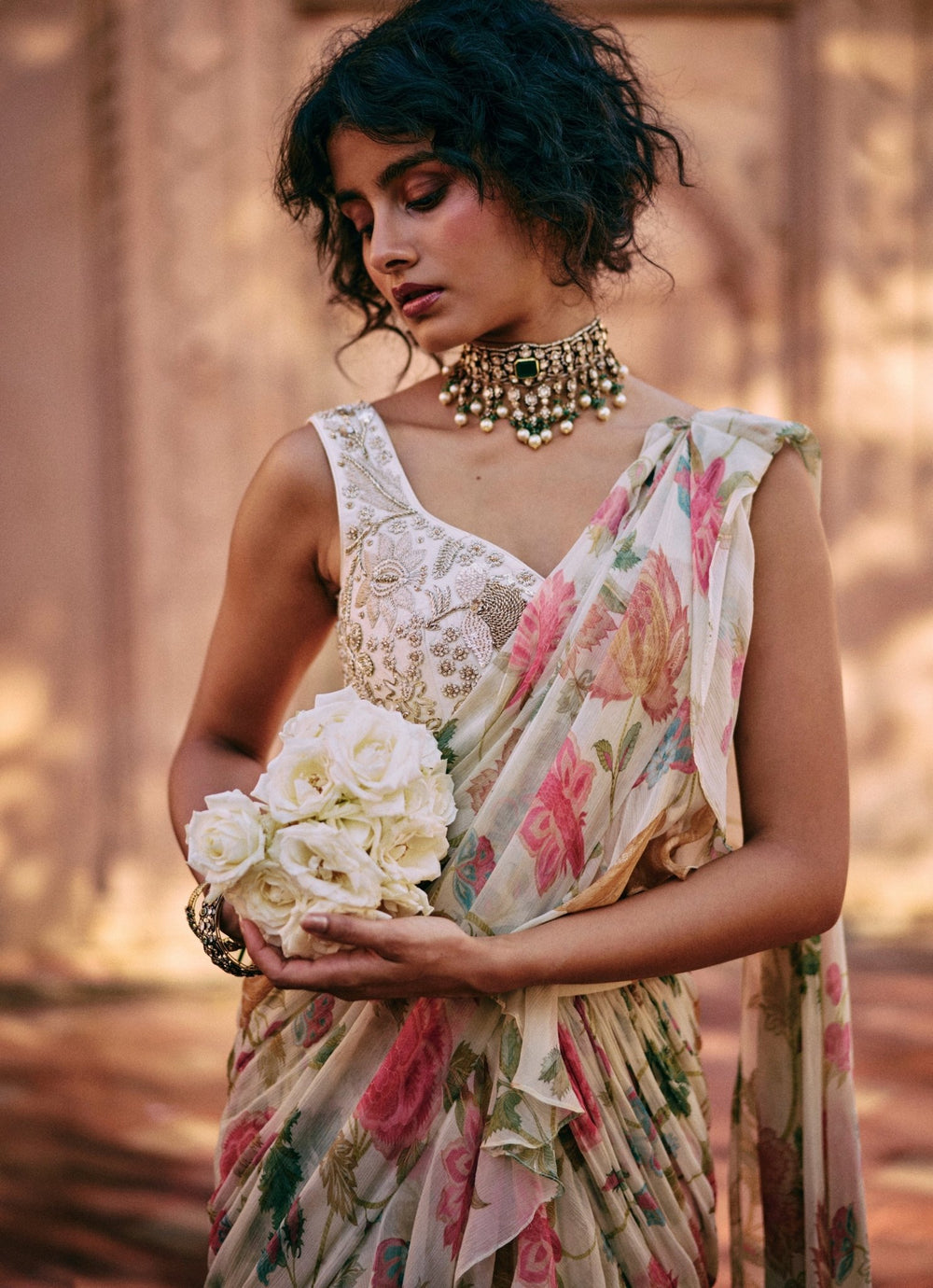 Ivory Floral Printed Chiffon Predraped Saree Paulmi and Harsh - Fabilicious Fashion