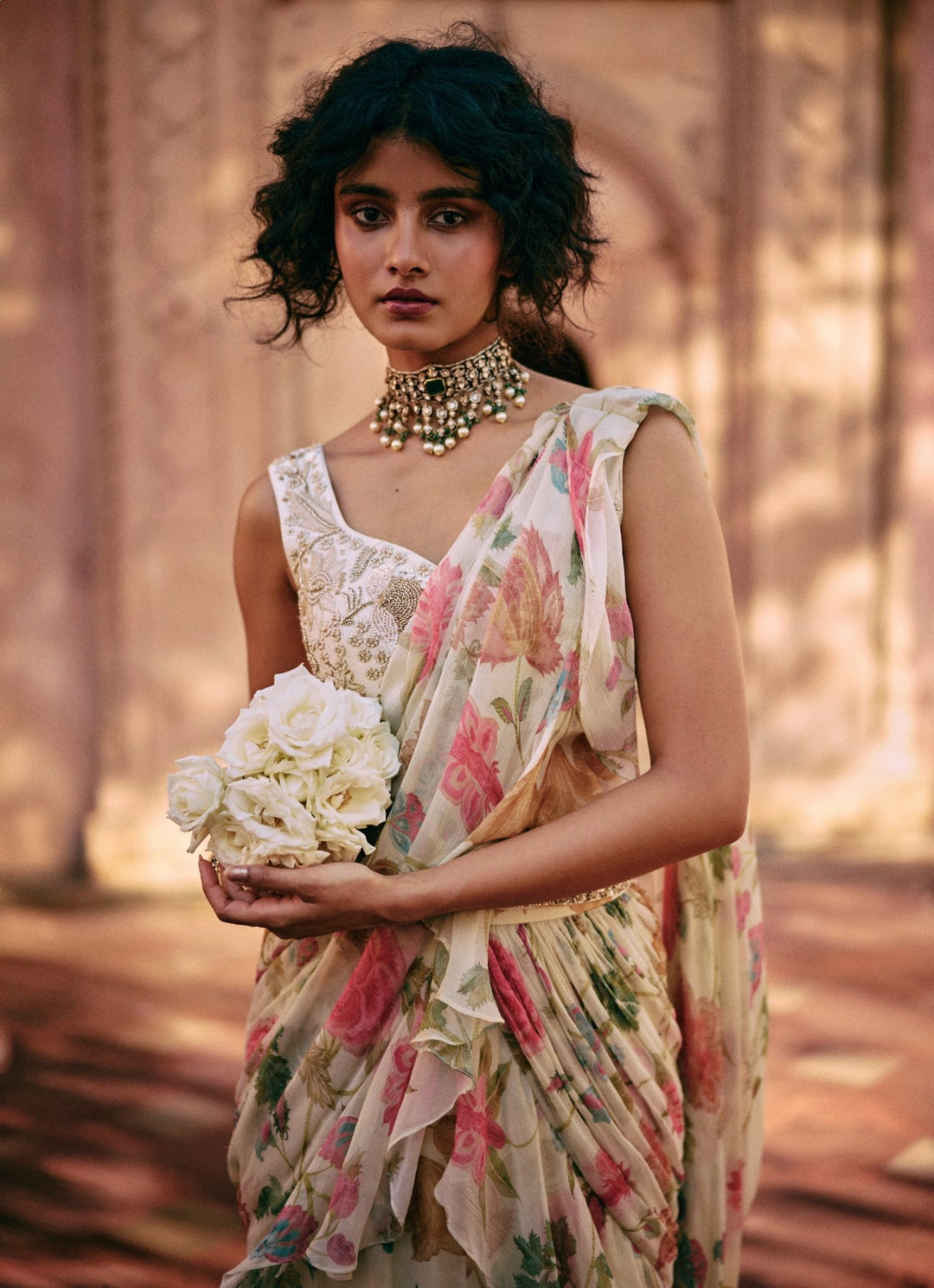Ivory Floral Printed Chiffon Predraped Saree Paulmi and Harsh - Fabilicious Fashion