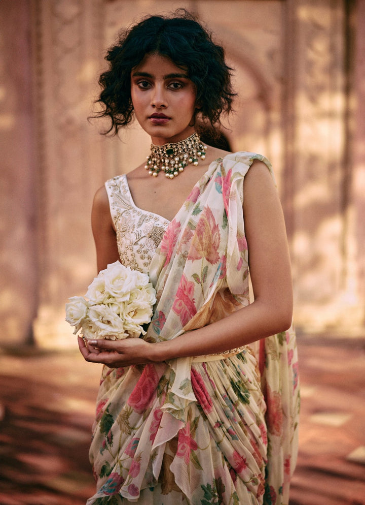Ivory Floral Printed Chiffon Predraped Saree Paulmi and Harsh - Fabilicious Fashion