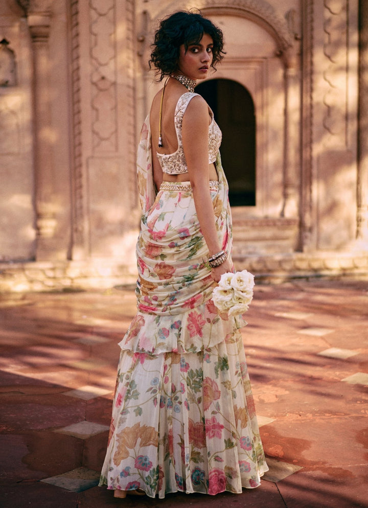 Ivory Floral Printed Chiffon Predraped Saree Paulmi and Harsh - Fabilicious Fashion