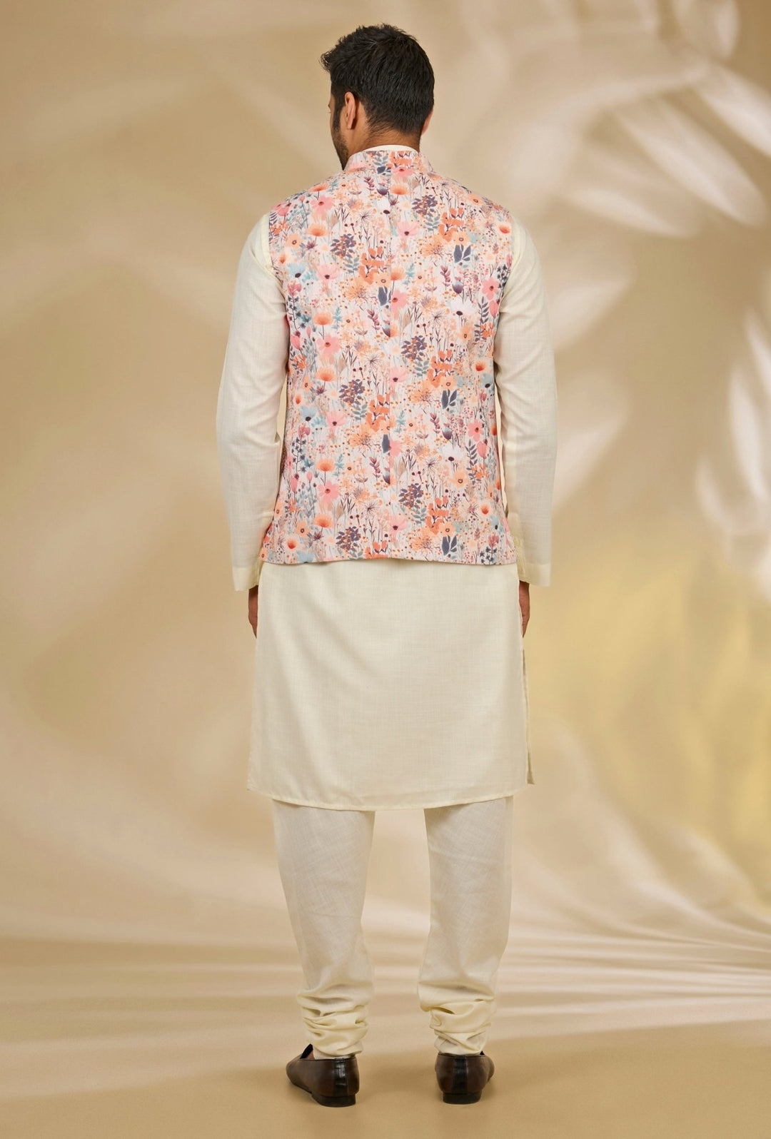 Manish Nagdeo Men Ivory Floral Printed Cotton Silk Bundi SetFabilicious Fashion