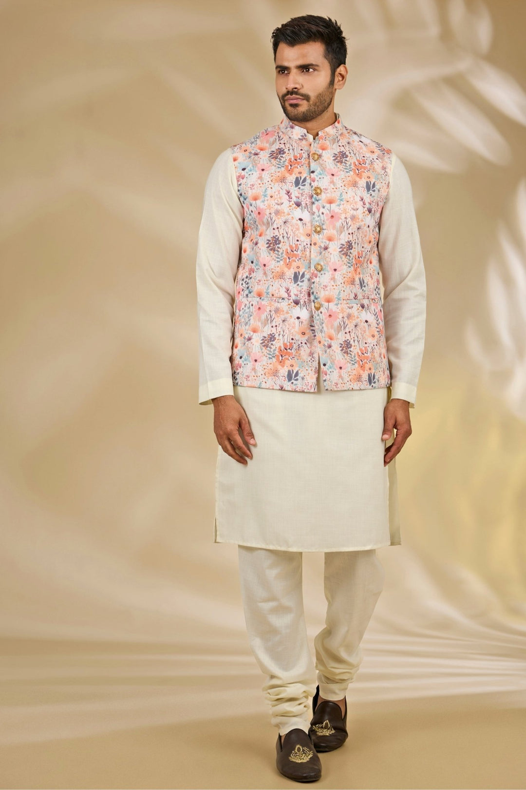 Ivory Floral Printed Cotton Silk Bundi Set Manish Nagdeo - Fabilicious Fashion