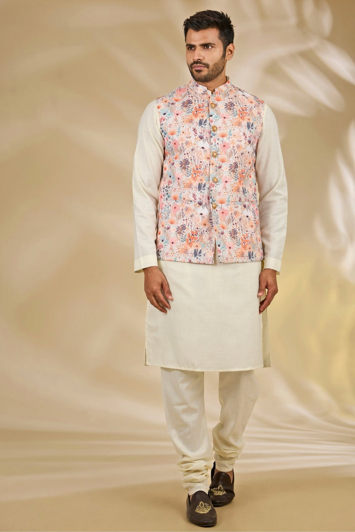 Manish Nagdeo Men Ivory Floral Printed Cotton Silk Bundi SetFabilicious Fashion