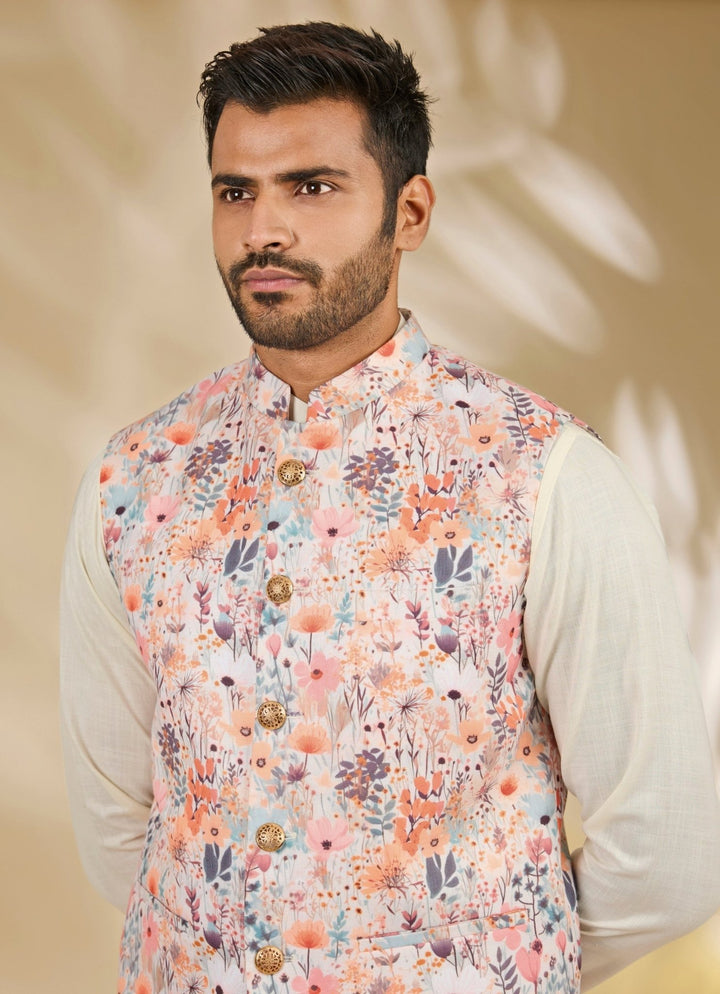 Manish Nagdeo Men Ivory Floral Printed Cotton Silk Bundi SetFabilicious Fashion