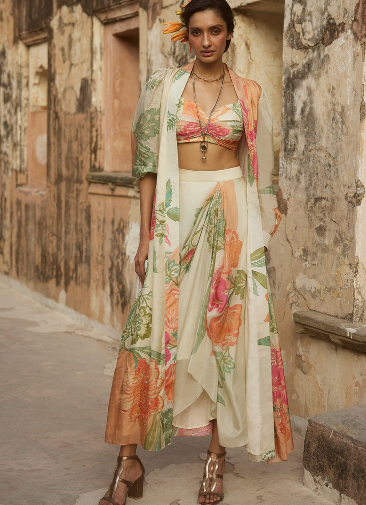 Ivory Floral Printed Drape Skirt Set With Jacket Paulmi and Harsh - Fabilicious Fashion