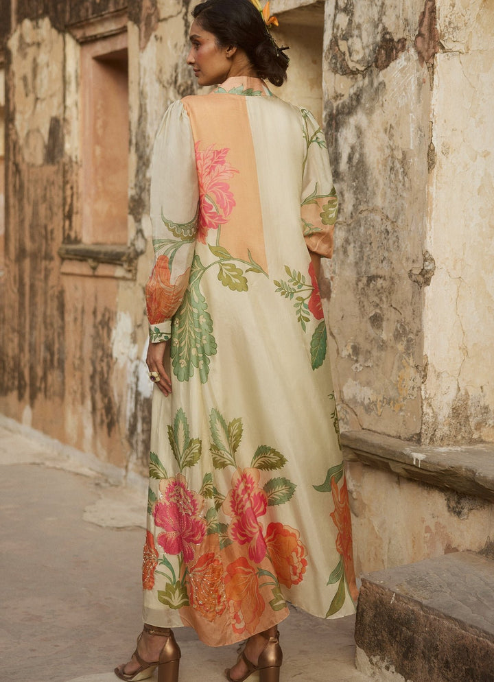 Ivory Floral Printed Drape Skirt Set With Jacket Paulmi and Harsh - Fabilicious Fashion