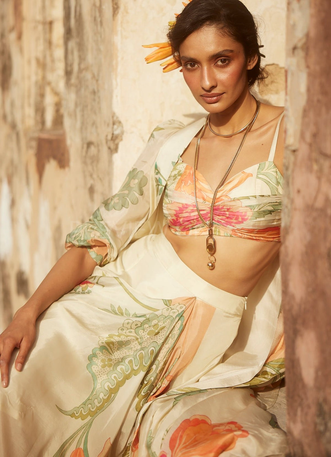 Ivory Floral Printed Drape Skirt Set With Jacket Paulmi and Harsh - Fabilicious Fashion