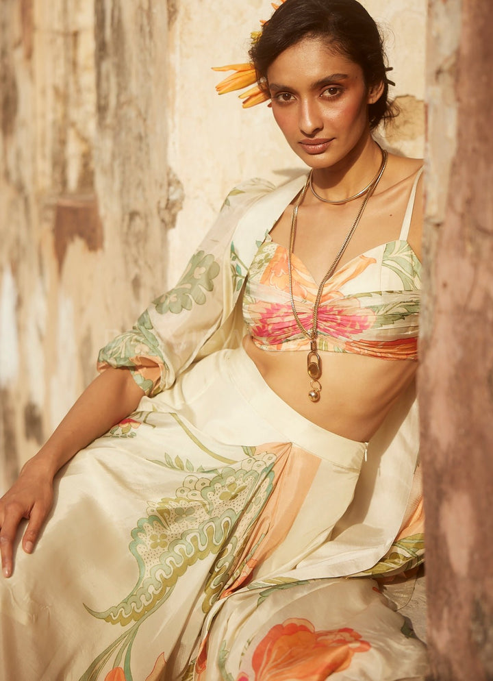 Ivory Floral Printed Drape Skirt Set With Jacket Paulmi and Harsh - Fabilicious Fashion